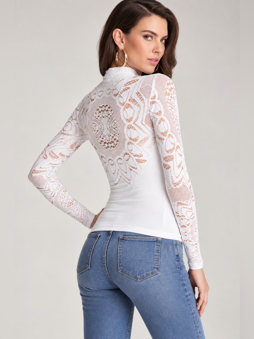 White Lace-Detail Long Sleeve Women's Top